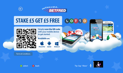 XBox Landing page for Betfred Lotto. The design had to fit within standard Microsoft guidelines