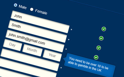 Redesign of the Betfred registration page. All changes were extensively researched and tweaked for efficiency. Certain subtle differences were found to increase conversions - slightly larger font, help messages, etc.